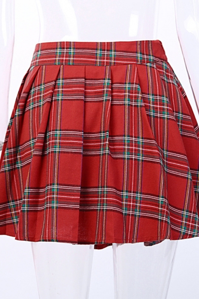 Punk Girls' High Waisted Zip Side Buckle Pin Detail Red Plaid Patchwork Asymmetric Pleated Short Skirt