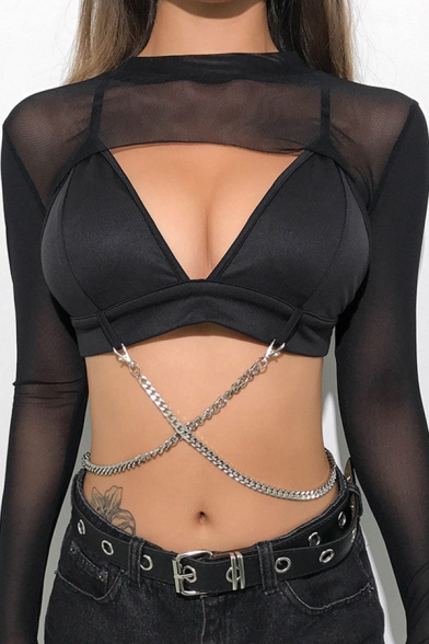 Sexy Black Women's Sleeveless Chained Cut Out Fitted Crop Bustier for Club