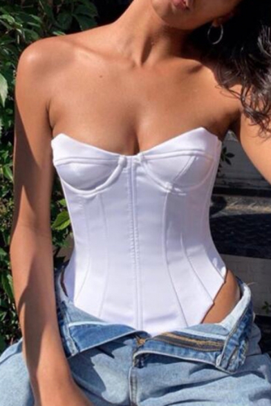 Sexy Edgy Looks Female Sleeveless Strapless Zip Back Slim Fit Plain Bodysuit