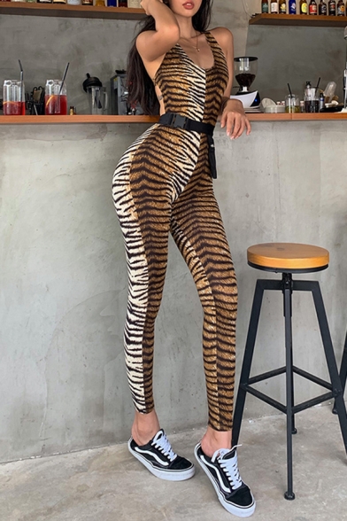 Sexy Ladies' Sleeveless Scoop Neck Tiger Print Hollow Out Ankle Skinny Jumpsuit in Brown