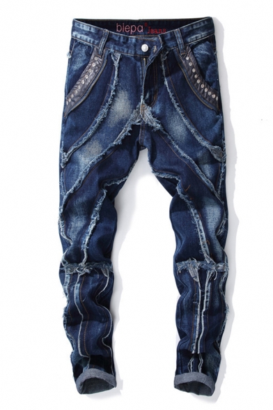 Street Style PU Patch Pocket Destroyed Raw Edge Design Dark Blue Denim Pants