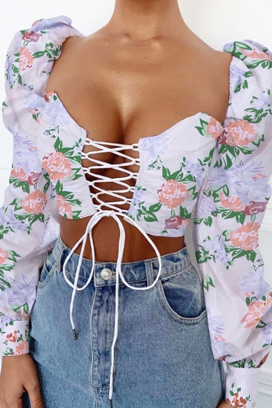 Summer Women's Puff Sleeve Sweetheart Neck Lace Up Flower Printed Slim Crop Blouse Top in White