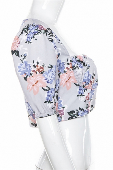 Sweet Girls' Puff Sleeve Square Neck Floral Print Hook and Eye Ruched Slim Fit Crop Blouse in White