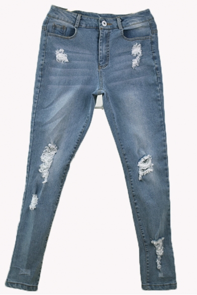 Trendy Basic Light Blue Mid Rise Bleach Distressed Stretchy Skinny Jeans for Girls