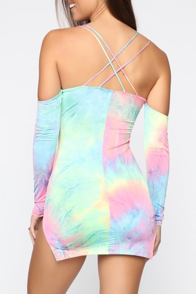 Unique Colorful Tie Dye Print Strappy Cross Back Off Shoulder Long Sleeve Side Split Mini Dress