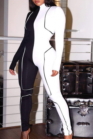 Unique Cool Female Long Sleeve Mock Neck Contrasted Stretchy Zipper Back Long Tight Jumpsuit in White