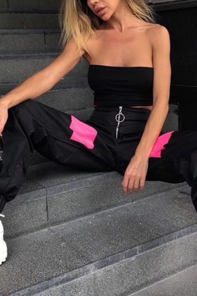 Unique Street Girls' High Waist Zipper Front Contrasted Cuffed Long Relaxed Carrot Trousers