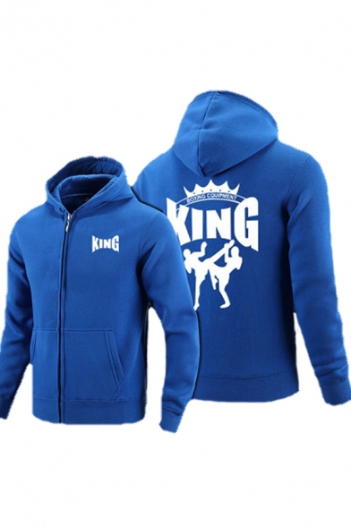 Unisex Chic Letter KING Figure Printed Long Sleeve Zip Closure Casual Graphic Hoodie
