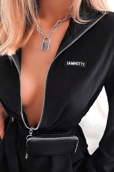 Women's Black Casual Long Sleeve Deep V-Neck Zipper Letter I AM HOTTY Buckle Belt Relaxed Straight Shorts Rompers with Bag