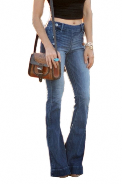 Women's Trendy Street Bleach Low Waist Button Side Slim Fit Long Flared Jeans in Dark Blue
