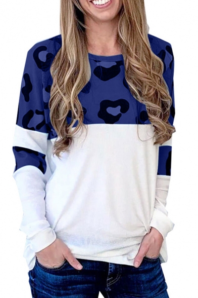 Womens Casual Leopard Panel Round Neck Long Sleeves Loose Fit T-Shirt Top