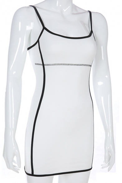 Womens Casual Simple Contrast Spaghetti Straps Open Back White Active Mini Cami Dress