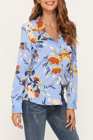 Womens Chic Floral Printed Long Sleeve Single Breasted Leisure Chiffon Shirt