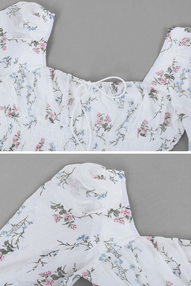 Womens Chic Floral Printed Sweetheart Neck Long Sleeve White Mini Chiffon Dress