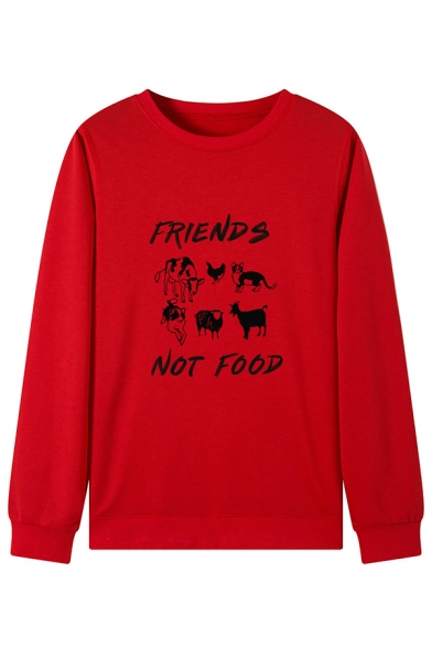 Womens Chic Letter FRIENDS NOT FOOD Animals Print Crew Neck Long Sleeve Pullover Sweatshirt
