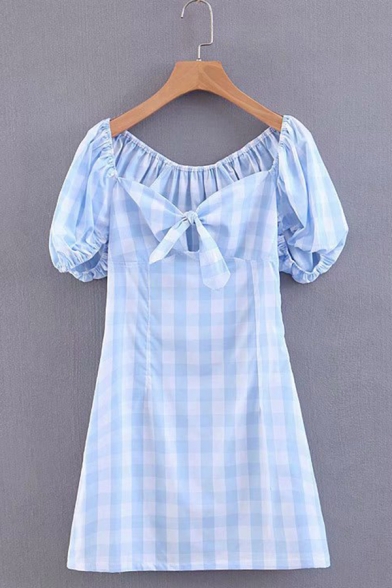 Womens Classic Bowknot Front Check Print Puff Short Sleeve Blue Mini A-Line Sweetheart Dress