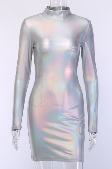 Womens Cool Shiny Metallic High Collar Long Sleeve Clubwear Mini Bodycon Dress