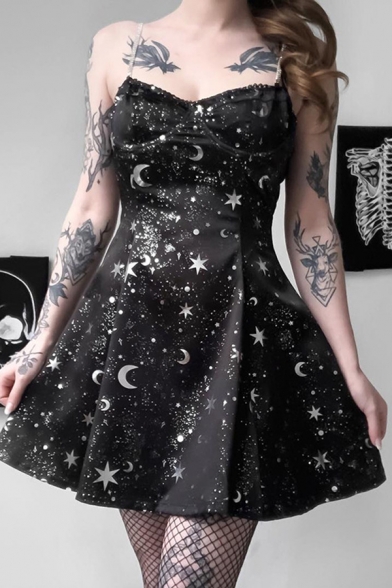 Womens Cool Shiny Star Moon Printed Rhinestone Straps Mini A-Line Black Dress for Club