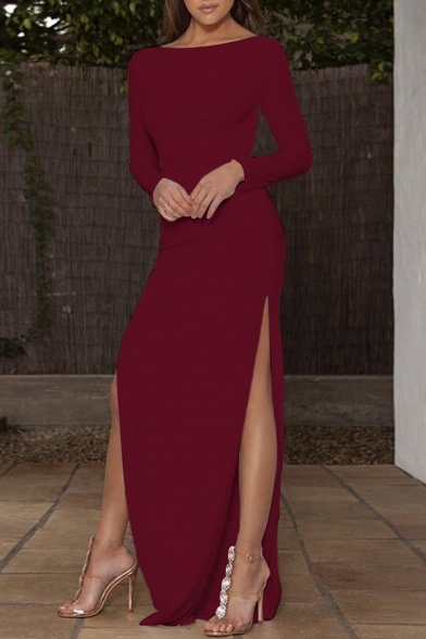 Womens Elegant Solid Color Long Sleeve Backless High Split Floor Length Cocktail Party Dress