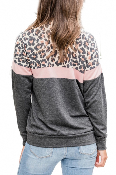 Womens Fashionable Leopard Printed Color Block Long Sleeve Casual Pullover Sweatshirt