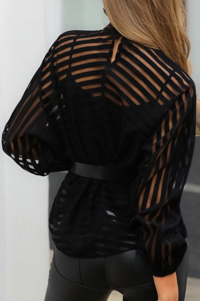 Womens New Trendy Black Striped Hollow Out Front Stand Collar Sheer Mesh Shirt