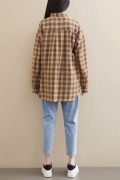 Womens Popular Checked Print Long Sleeve Button Down Oversized Cotton Shirt