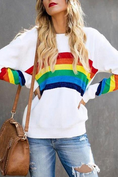 Womens Popular Rainbow Stripes Long Sleeve Round Neck Loose Fit White Sweatshirt
