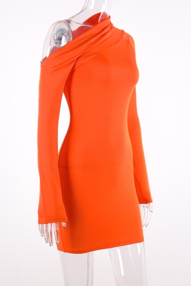 Womens Sexy Fashion Slash One Shoulder Long Sleeve Orange Plain Fitted Mini Dress for Club