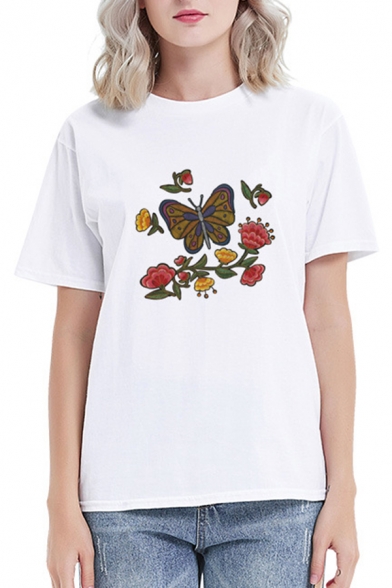 Womens Simple Floral Butterfly Bird Printed Short Sleeve Regular Daily Wear White T-Shirt