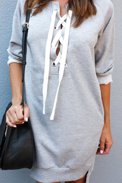 Womens Simple Plain Cross Lace-Up Front Long Sleeve Longline Sweatshirt Midi Dress with Pocket