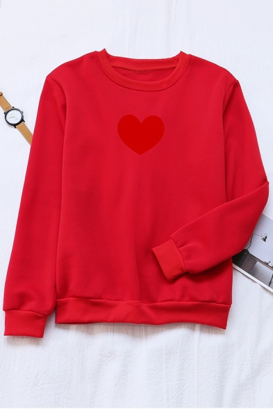 Womens Simple Red Heart Printed Long Sleeve Loose Fit Pullover Sweatshirt