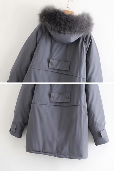 Womens Soft Fur Trimmed Hood Long Sleeves Zip Placket Solid Tunic Parka Cargo Coat