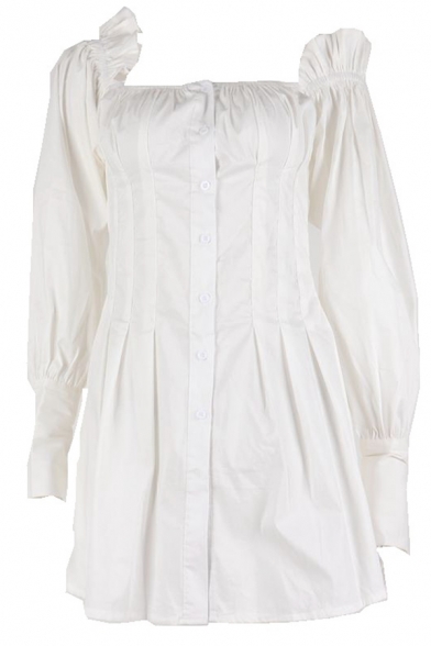 Womens Stylish Plain White Button Down Bishop Sleeve Square Neck Mini A-Line Pleated Dress