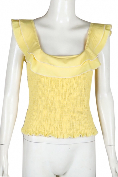Womens Sweet Style Plain Yellow Square Neck Tiered Ruffles Sleeve Ruched Fitted Top