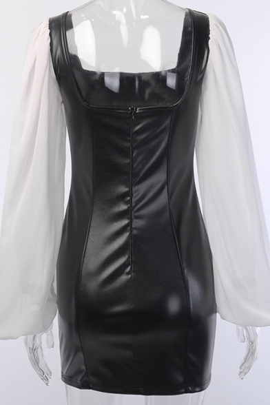 Womens Unique Chiffon Panelled Lantern Long Sleeve Square Neck PU Leather Black Mini Party Dress