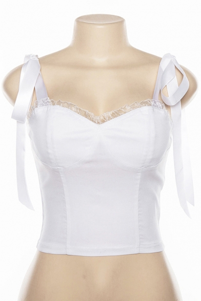 Womens Unique Plain White Tied Ribbon Straps Stringy Selvedge Trim Fitted Sweetheart Tank