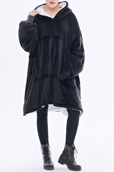 One Size Unique Solid Color Long Sleeve Oversized Longline Flannel Hoodie