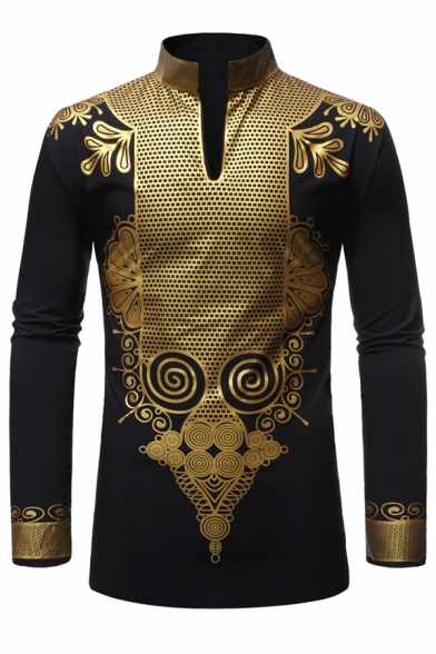 US African Mens Fashion Long Sleeve Casual Shirts Collar Slim Fit Dashiki Shirts