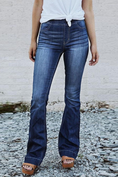 Basic Fashion Women's Elastic Waist Bleach Full Length Slim Fit Flared Jeans in Dark Blue