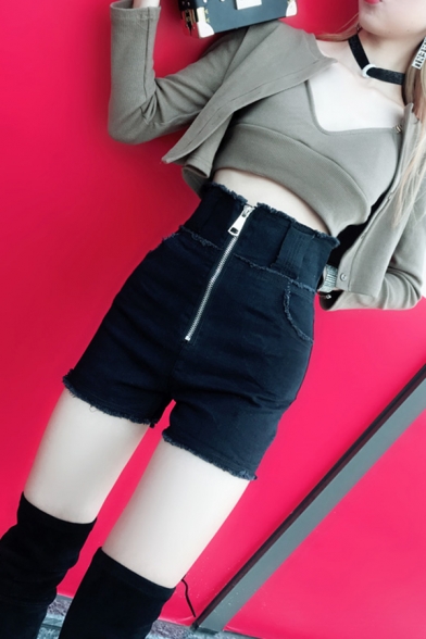 Basic Trendy Girls' High Waist Zipper Front Frayed Trim Skinny Pants in Black