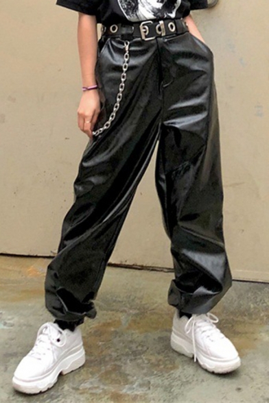 Black Hip Hop Mid Rise Chain Embellished Leather Full Length Oversize Pants for Cool Girls