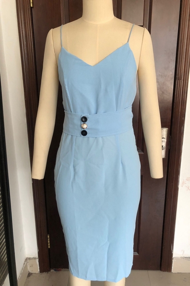 Blue Elegant Ladies' Sleeveless Button Detail Mid Dinner Bodycon Cami Dress