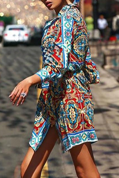 Blue Ethnic Ladies Long Sleeve Lapel Collar Button Down Bow Tie Waist Floral Print Slit Front Mini Shirt Dress