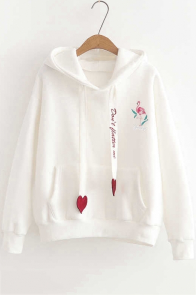 Chic Letter Heart Ribbon Flamingo Printed Long Sleeve Casual Loose Hoodie