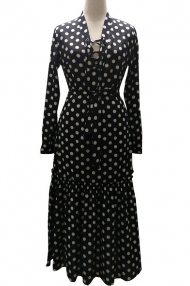 Chic Trendy Black Long Sleeve Deep V-Neck Lace Up Polka Dot Ruffled Trim Pleated Long Flowy Dress for Ladies
