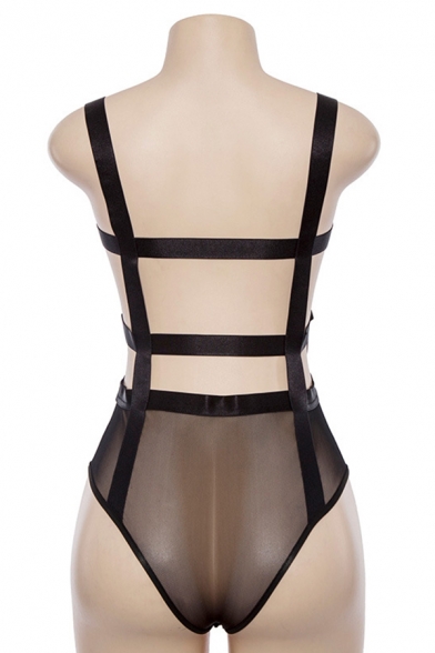 Cool Hot Sleeveless Patched Strappy Black Sheer Mesh Slim Fit Bodysuit for Party Girls