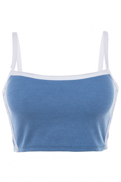 Cool Sport Sleeveless Contrast Piped Slim Fit Blue Crop Cami Top for Girls