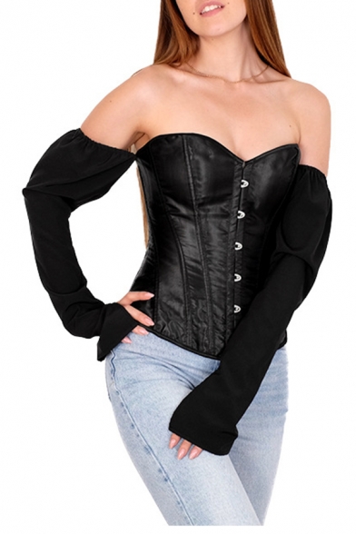 Edgy Girls' Puff Sleeve Off The Shoulder Button Down Lace Up Back Slim Fit Plain Corset for Party