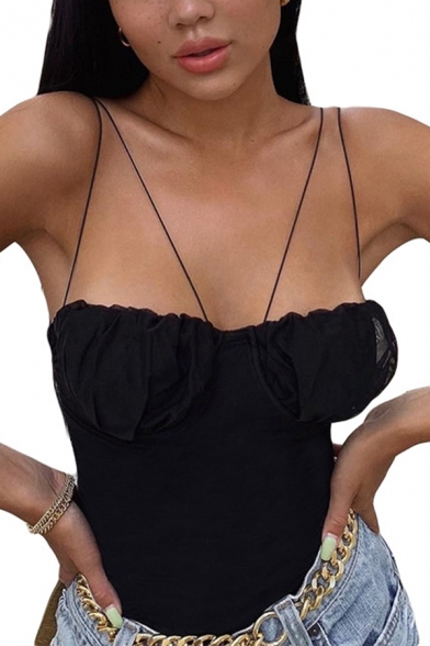 Edgy Girls Sleeveless Sweetheart Neck Strappy Ruched Slim Fit Black Bodysuit for Party
