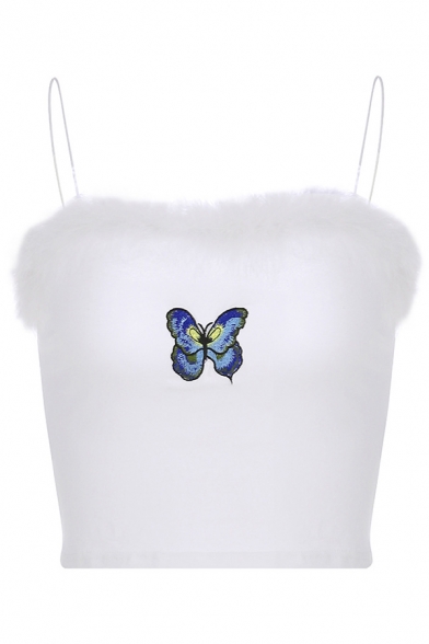 Edgy Girls' White Sleeveless Butterfly Patterned Fluffy Embellished Fitted Crop Cami